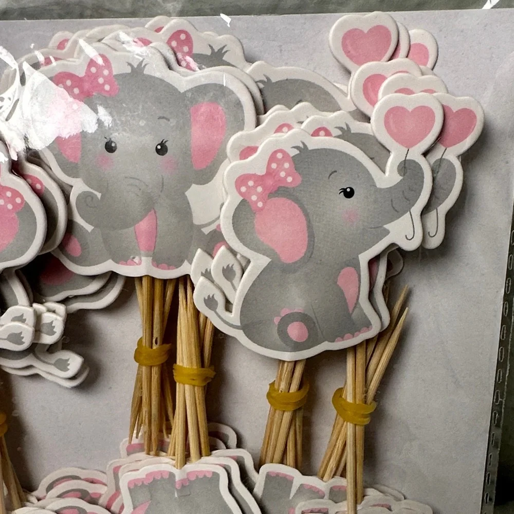 Elephant Themed Party Cupcake Toppers | Pink and Gray | 48 Pieces